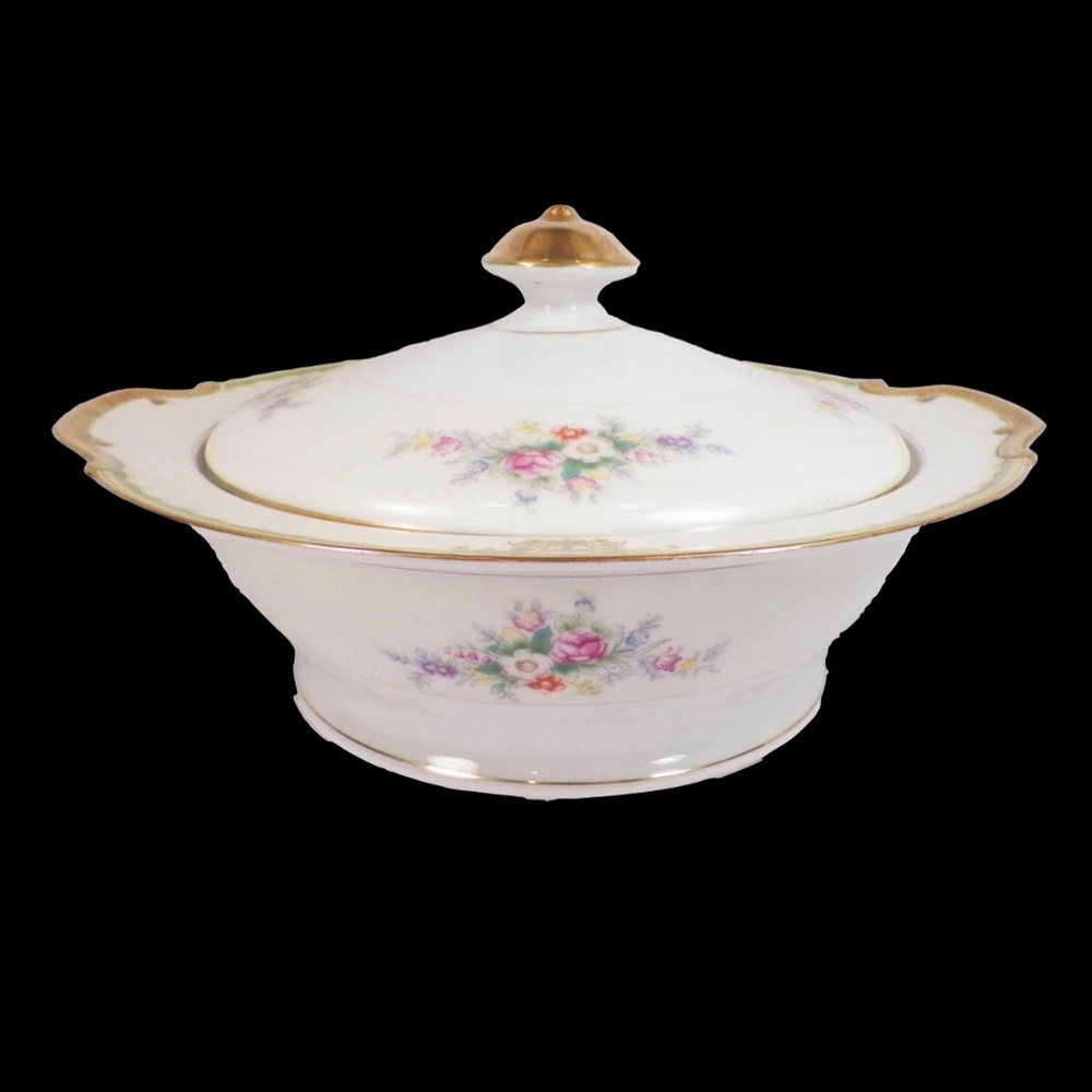 Vintage  Royal China Japan Covered Serving Dish Flowers Yellow Band Scroll RCJ1